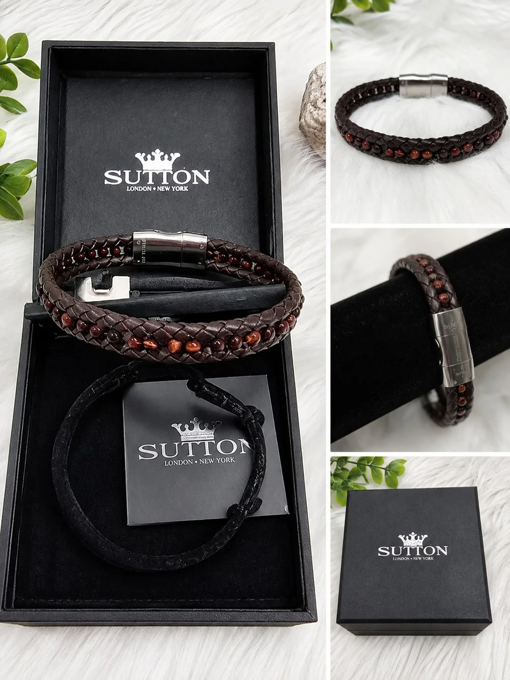 Sutton Men's Dark Brown Braided Leather & Bead Bracelet
